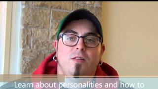 A person with glasses, earrings, and a goatee looks directly at the camera. The text at the bottom says, "Learn about personalities and how Service Professionals like HVAC technicians connect with others.