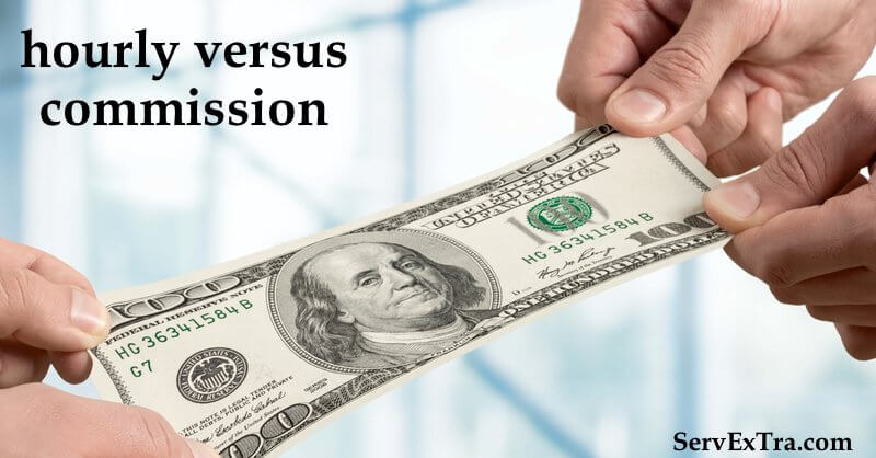 Two hands pull on opposite ends of a one hundred dollar bill while "hourly versus commission" appears in the background, highlighting the pay debate for trades like electricians and plumbers.