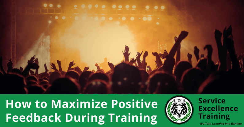 A crowd at a concert raises their hands beneath a green banner that reads, "How to Maximize Positive Feedback During Service Training," alongside the Service Excellence Training logo. This scene is perfect for home service business owners who want to coach their teams and drive growth.
