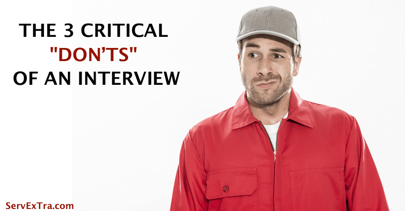 A plumber in a red uniform and gray cap looks unsure. Text: "Avoid These 3 Critical Interview Mistakes.