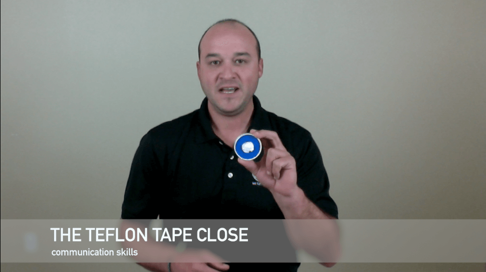 A person in a black polo shirt holds up a roll of blue Teflon tape. The overlay text says: "THE TEFLON TAPE CLOSE Communication Skills." This tool is perfect for plumbers and service professionals.