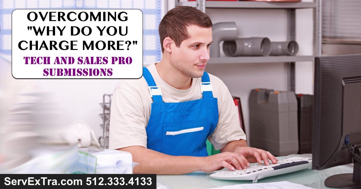A man in blue overalls works at a desk on a computer. The text explains how service professionals—such as electricians—can overcome customer price objections in tech and sales. Business contact information appears at the bottom.