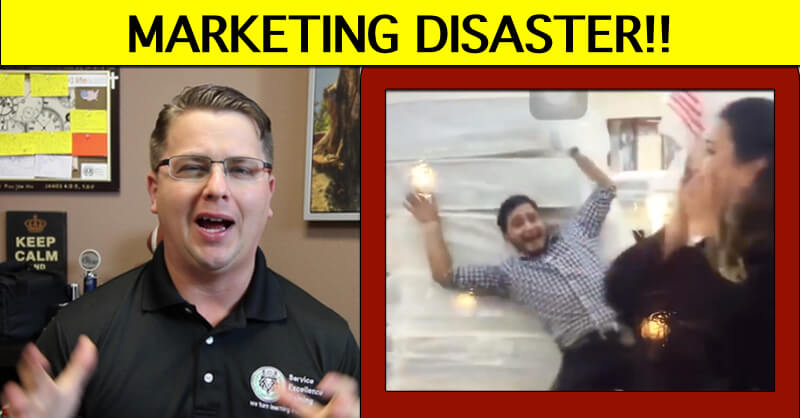 A man gestures as he speaks in an office beside a photo of two plumbers reacting in shock. Above them, the headline reads: "MARKETING DISASTER!!.