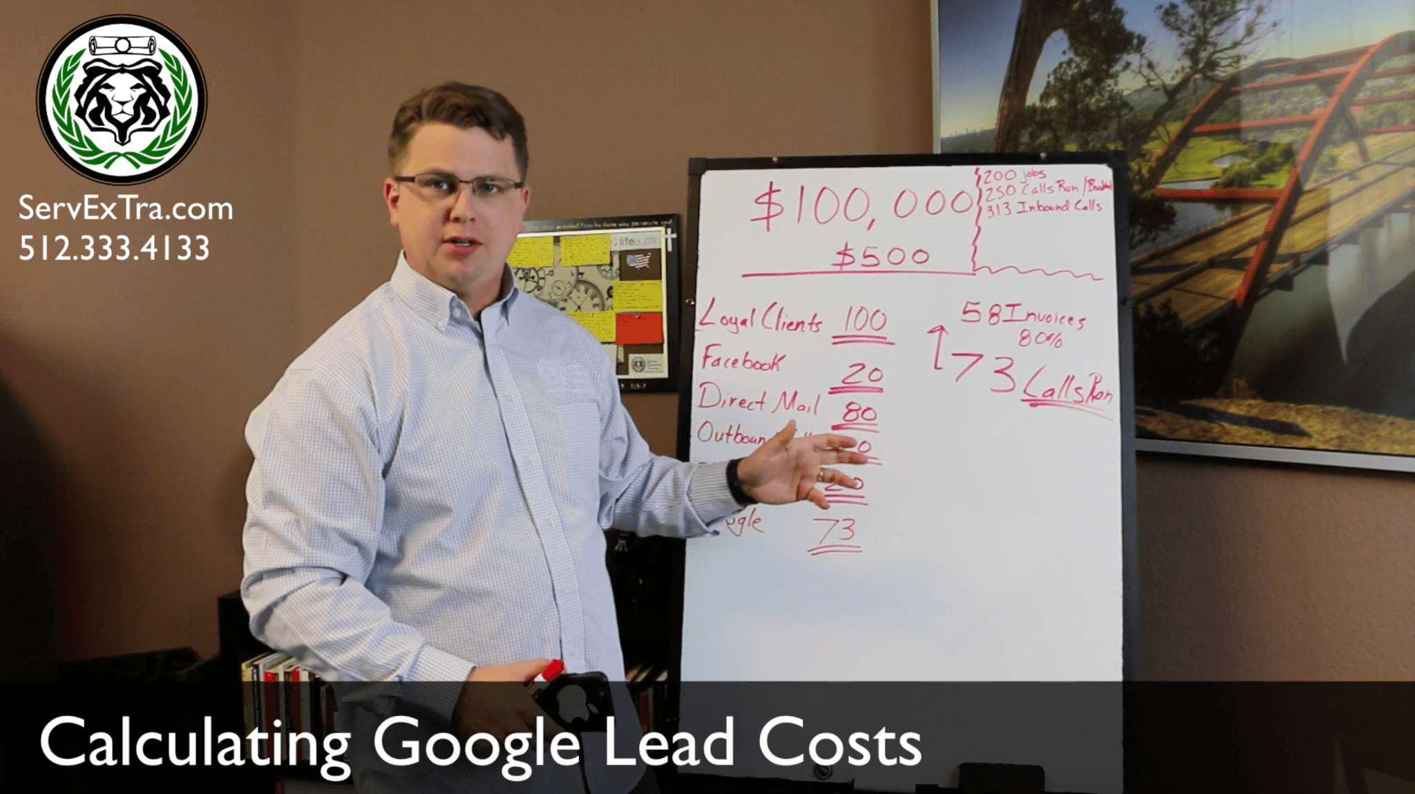 A man stands beside a whiteboard labeled "Calculating Google Lead Costs." He points to numbers and text showing lead costs for plumbers and HVAC technicians.