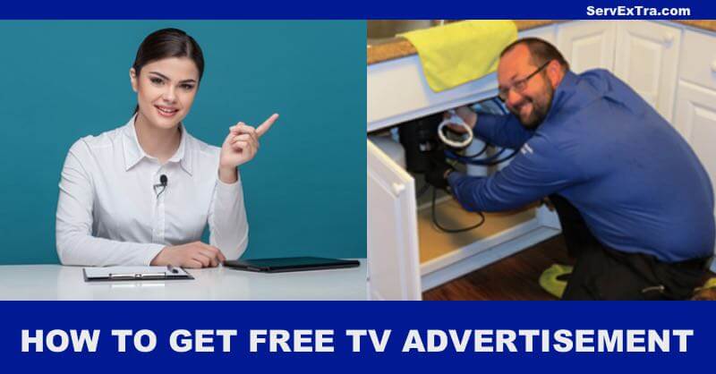 A woman sits at a desk and points upward while a man in blue repairs plumbing under a sink. Text reads: "Electricians, HVAC technicians, and other service professionals can get free TV advertising.