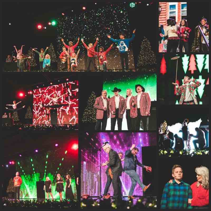 The collage features stage performances by various groups, including service professionals such as electricians and plumbers. They wear festive attire and perform under colorful lights, with Christmas trees and holiday-themed backgrounds.