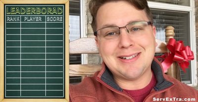 A smiling man wearing glasses sits in front of a stone wall and a large red bow. Beside him, a blank leaderboard chart waits to track the ranks, names, and scores of top service professionals like plumbers and electricians.