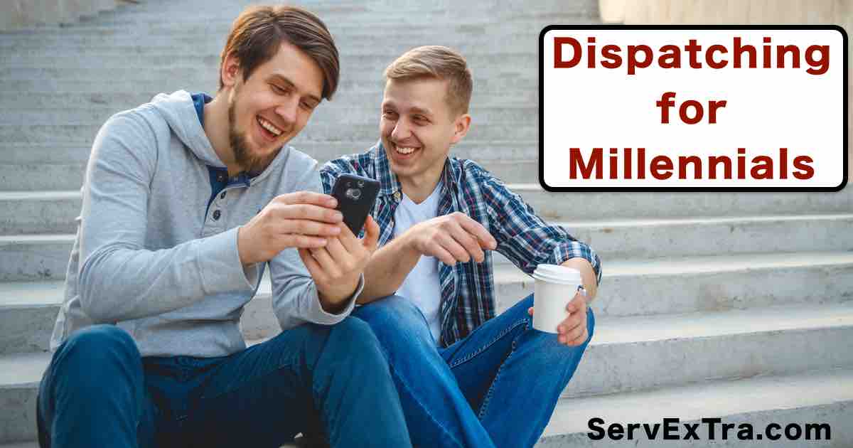Two young men sit on outdoor steps; one holds a smartphone, the other sips from a coffee cup. A sign reads "Dispatching for Millennials" with "ServExTra.com" below—ideal for plumbers and HVAC technicians who want modern solutions.