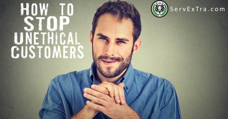 A man in a blue shirt clasps his hands and smirks beneath the bold text: "How to Stop Unethical Customers." This direct advice is ideal for any plumber or electrician. The website logo sits in the top right corner.