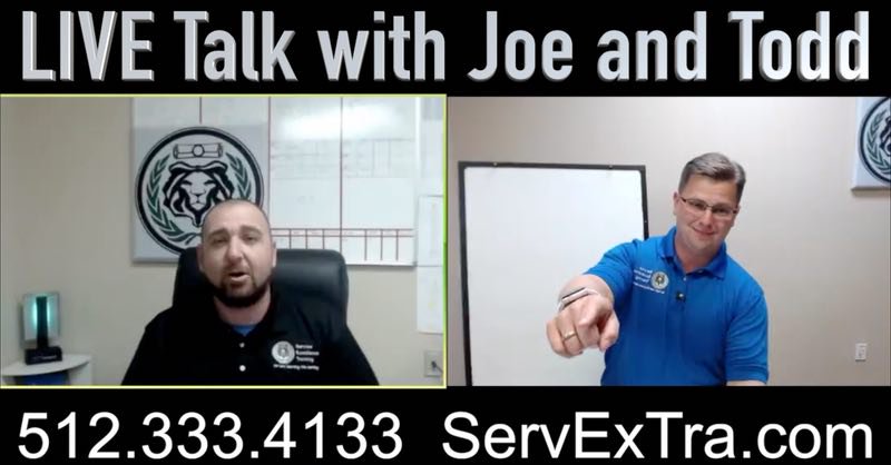 The split screen shows two men on a video call for the show "LIVE Talk with Joe and Todd," where they discuss service training. Their contact information and website, ServExTra.com, appear at the bottom of the screen.