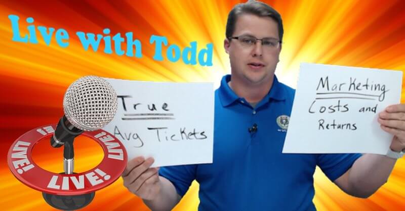 A man in a blue shirt stands against a colorful "Live with Todd" background, holding two signs about average ticket price and marketing costs. He offers coaching tips to home service business owners, focusing on service excellence.