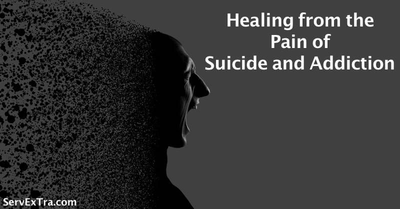 A silhouette of a person dissolves into particles against a gray background, with the text "Healing from the Pain of Suicide and Addiction"—an inspiring image that encourages home service business owners to seek support, pursue service excellence, and embrace coaching.