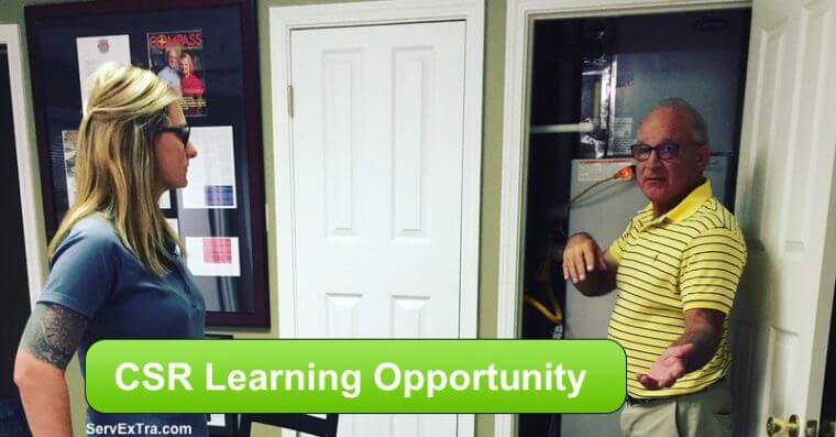 A man in a yellow striped shirt explains something to a woman in an office. The text overlay says, "CSR Learning Opportunity." This program is ideal for home service business owners looking for service training or coaching.