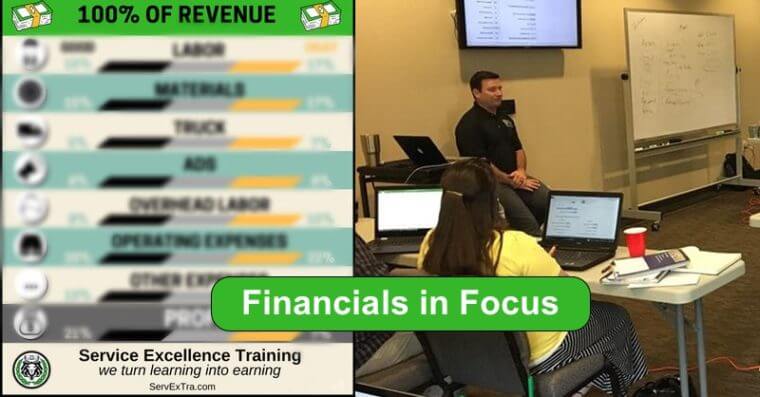 A group attends a financial coaching session in a classroom. A presentation slide displays revenue breakdowns, and a green banner reads "Financials in Focus.
