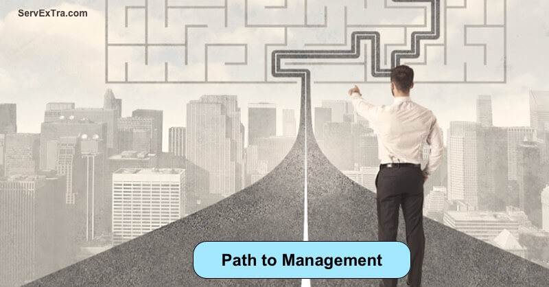A businessman points at a maze above a divided road, highlighting the complex path to management and Service Excellence against a cityscape backdrop.