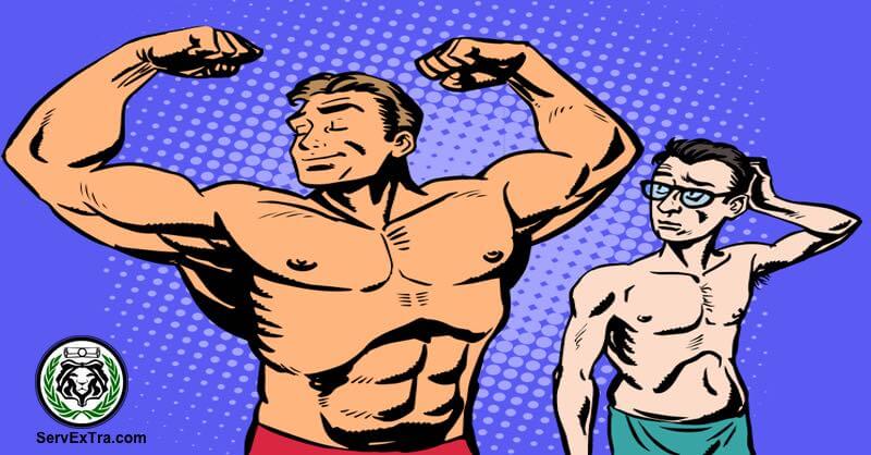 A muscular man confidently flexes his arms. Nearby, a slimmer man with glasses—possibly a home service business owner seeking coaching—watches him and scratches his head. A logo and website appear in the bottom left corner.