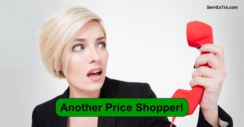 A surprised woman in a black blazer holds up a red telephone receiver. The text overlay says, "Another Price Shopper!" In the corner, the website ServExtra.com appears, showcasing Service Excellence in home services.