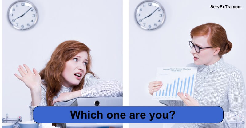 Split image: Left—stressed woman at her desk; Right—the same woman confidently explaining a graph. Text reads, "Which one are you?" Ideal for home service business owners ready for coaching or service training.