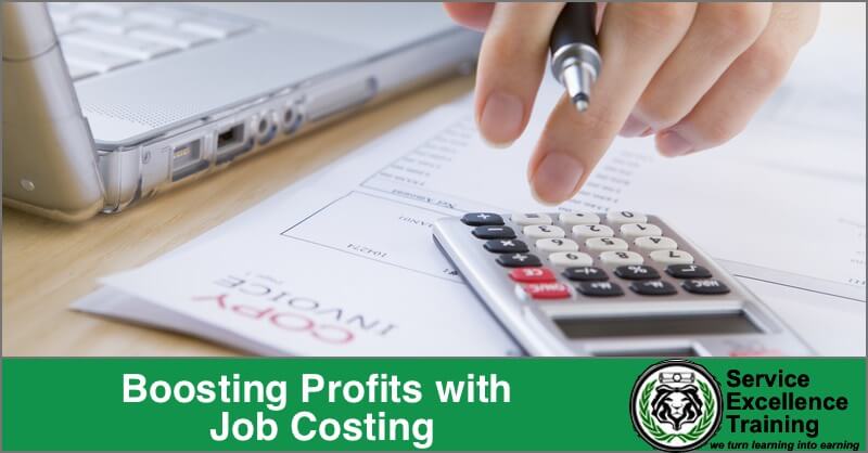 A person uses a calculator and reviews an invoice beside a laptop. The text “Boosting Profits with Job Costing” appears, highlighting coaching for home service business owners and featuring the Service Excellence Training logo.