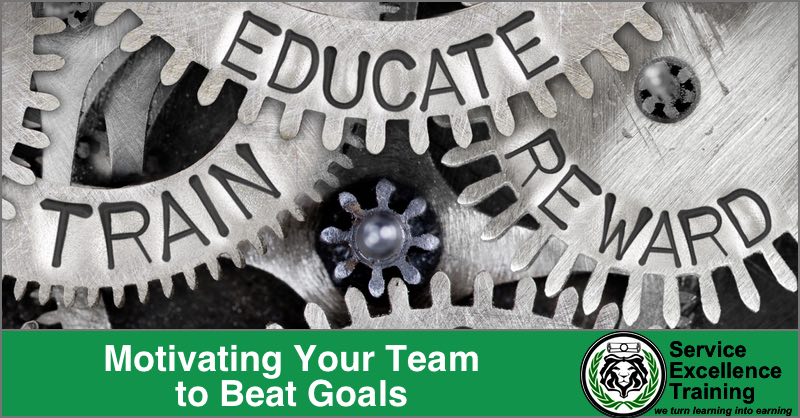 Three interlocking gears labeled "Train," "Coach," and "Reward" turn together above the words “Motivating Your Team to Beat Goals.” The Service Excellence Training logo appears below, emphasizing how coaching drives Service Excellence.