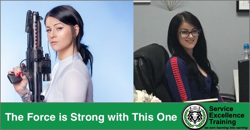 A woman holds a sci-fi blaster and poses on the left. The same woman sits and smiles on the right. Text below says: "The Force is Strong with This One. Service Excellence Training for home service business owners.