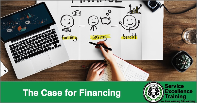 A person highlights the words "funding," "saving," and "benefit" on a chart beside a laptop and notebook. They emphasize "The Case for Financing," showing Service Professionals like plumbers or electricians how smart financial solutions can help their businesses.