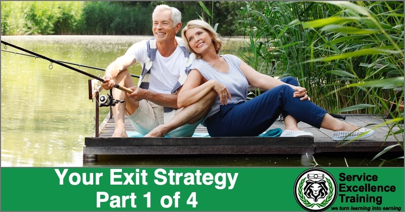 An older couple fishes and relaxes on a dock by the water. Text: "Your Exit Strategy, Part 1 of 4. Service Excellence Training for Service Professionals.