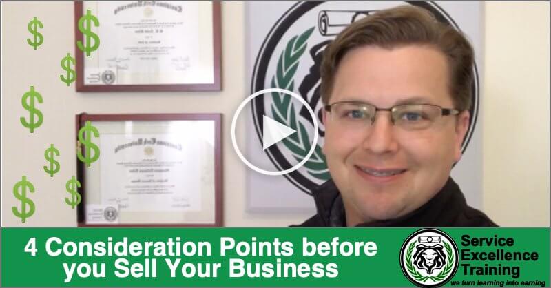 A smiling person stands in front of framed certificates, next to dollar signs and the text "4 Consideration Points before you Sell Your Business." This advice is ideal for plumbers and other service professionals who want to sell their businesses.