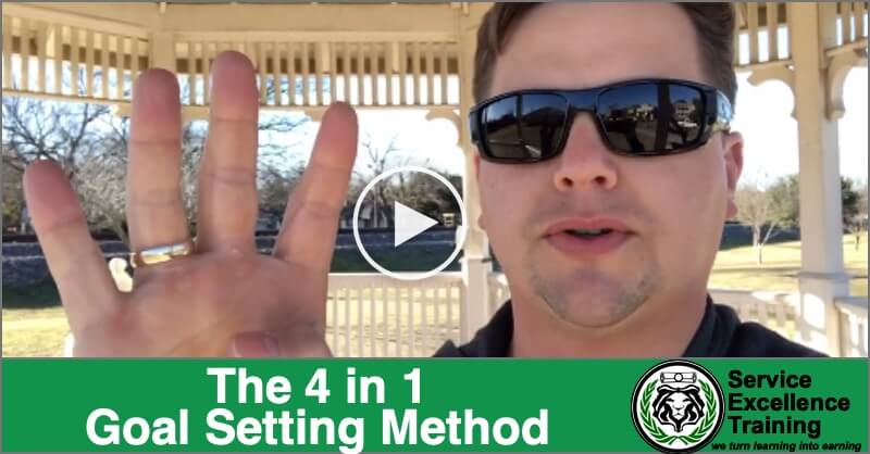 A man in sunglasses holds up four fingers outdoors. Text on the image reads: "The 4 in 1 Goal Setting Method." The design features the "Service Excellence Training" logo at the bottom and targets HVAC technicians and electricians.