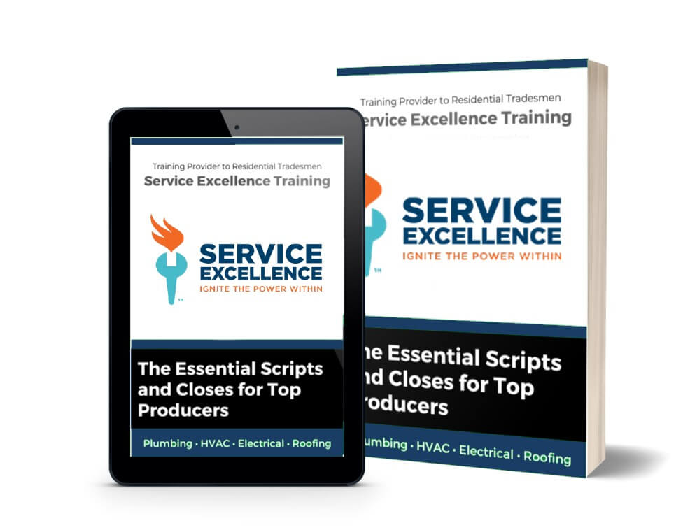 A tablet and a book display the cover of "The Essential Scripts and Closes for Top Producers" by Service Excellence Training, the ideal resource for home service business owners in plumbing, HVAC, electrical, and roofing.