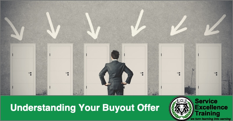 A person in a suit faces six closed doors, each with an arrow above it. The text says, "Understand Your Buyout Offer for Plumbers and HVAC Technicians," alongside the Service Excellence Training logo.