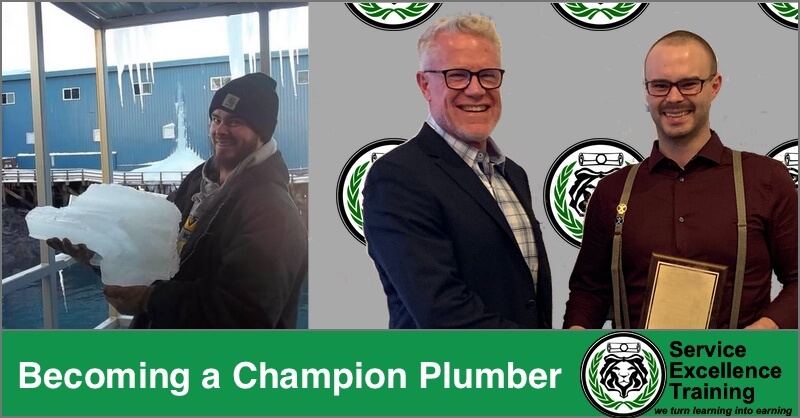 Two images sit side by side. In the first, a plumber holds a large chunk of ice. In the second, two men in formal attire pose with a plaque. The text below states: “Becoming a Champion Plumber.”.