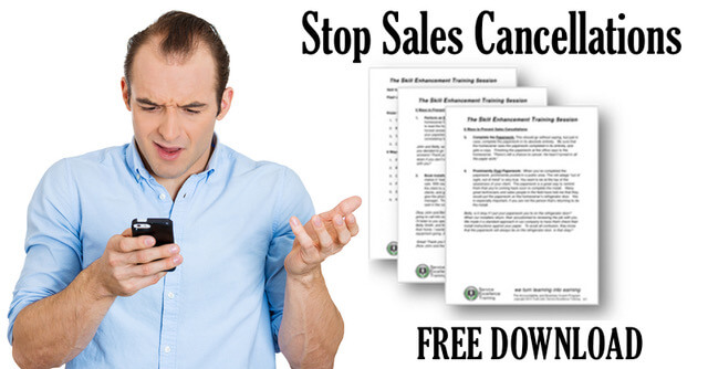 A frustrated man stares at his phone. Beside him, bold text commands: "Stop Sales Cancellations." Below a stack of documents, it urges: "Free Download." This is perfect for home service business owners aiming for Service Excellence.