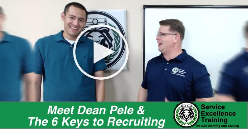 Dean Pele and a colleague in blue shirts stand talking in front of a whiteboard. The text says: "Meet Dean Pele & The 6 Keys to Recruiting. Service Excellence Training for Home Service Business Owners.