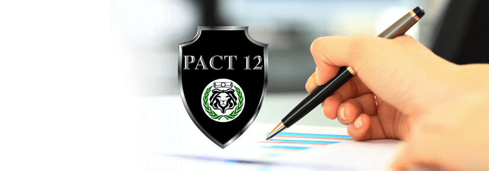 A hand holds a pen over documents with charts. Beside them sits a black shield logo showing "PACT 12" and a lion’s head emblem, symbols of excellence in coaching and service training.