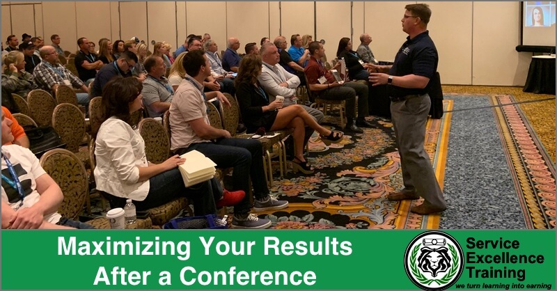 A man addresses a seated audience in a conference room. The text reads: “Maximize Your Results After a Conference. Coaching for Home Service Business Owners.”.