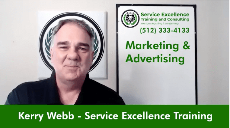 A man sits in front of a logo and a sign that reads “Service Excellence Training and Consulting.” He offers coaching for home service business owners, displays a phone number, and features the text “Marketing & Advertising.”.