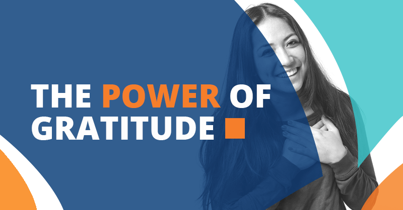 A woman smiles with her hands on her chest while a blue graphic overlays part of the image. The graphic displays "The Power of Gratitude" in bold white and orange letters, urging home service business owners to embrace gratitude through coaching.