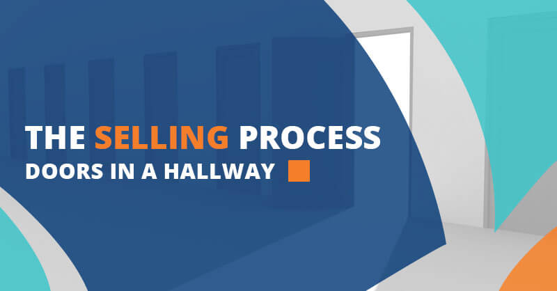 A graphic features the text "The Selling Process: Doors in a Hallway" over an abstract illustration of multiple doors in a hallway, accented with blue and orange. The design highlights Service Excellence for home service business owners.