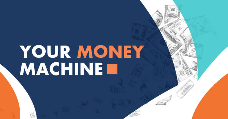 A bold "YOUR MONEY MACHINE" headline dominates the graphic, while images of U.S. dollar bills scatter along the right side over a geometric background—ideal for promoting coaching or service training in home services.