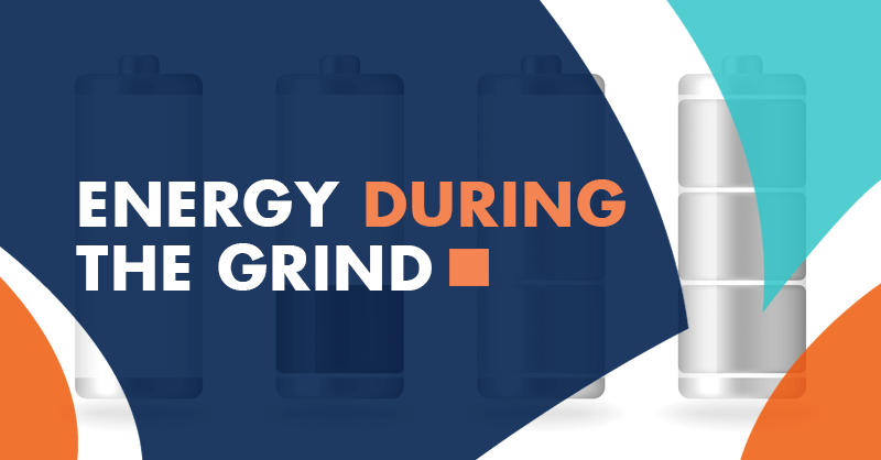A graphic displays the text "Energy During the Grind" over partially charged battery icons, featuring blue, white, orange, and teal shapes—ideal for coaching home service business owners on achieving Service Excellence.