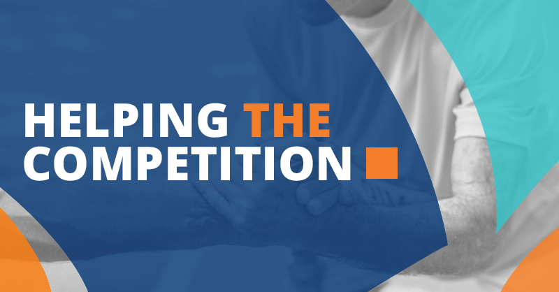 Bold white and orange letters announce "HELPING THE COMPETITION" over a blue and orange abstract background. A faint image shows two people shaking hands, emphasizing Service Excellence and collaborative coaching.