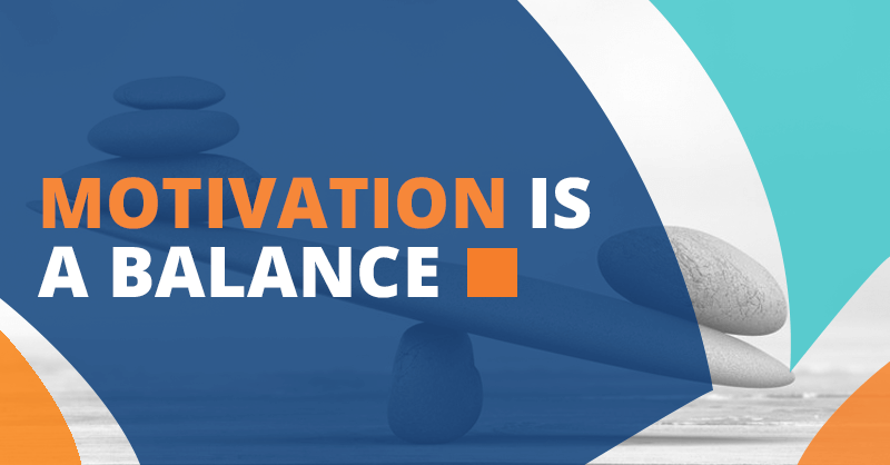 The text “Motivation is a balance” appears over an image of stacked stones on a wooden plank, accented by blue, orange, and white geometric shapes—an inspiring visual for home service business owners pursuing coaching and growth.