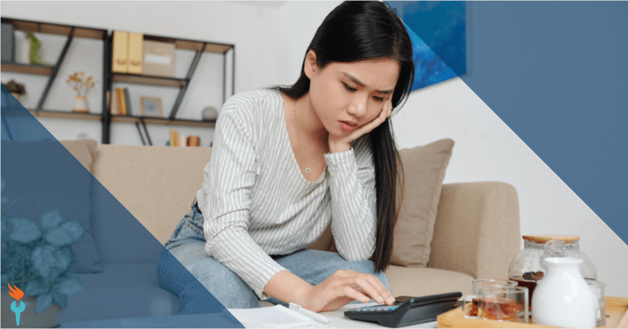 A concerned woman sits on a couch, uses a calculator, and reviews documents as she considers hiring a coach or home services to manage her living room expenses.