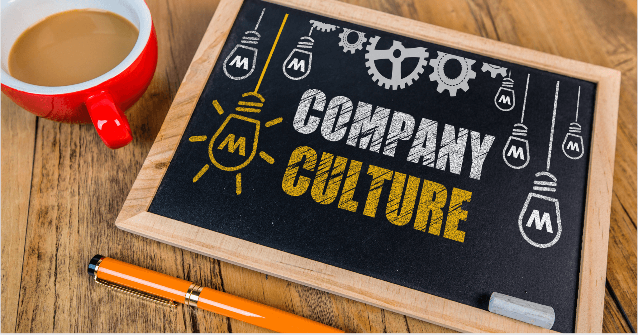 A small chalkboard displays the words "Company Culture," surrounded by drawings of light bulbs and gears to emphasize Service Excellence in home services. A red coffee cup and an orange pen sit beside it.