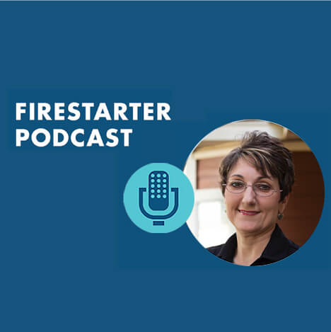The Firestarter Podcast cover shows a microphone icon and a portrait of a woman in glasses and a dark jacket against a blue background. This bold design targets home service business owners who want coaching and Service Excellence insights.