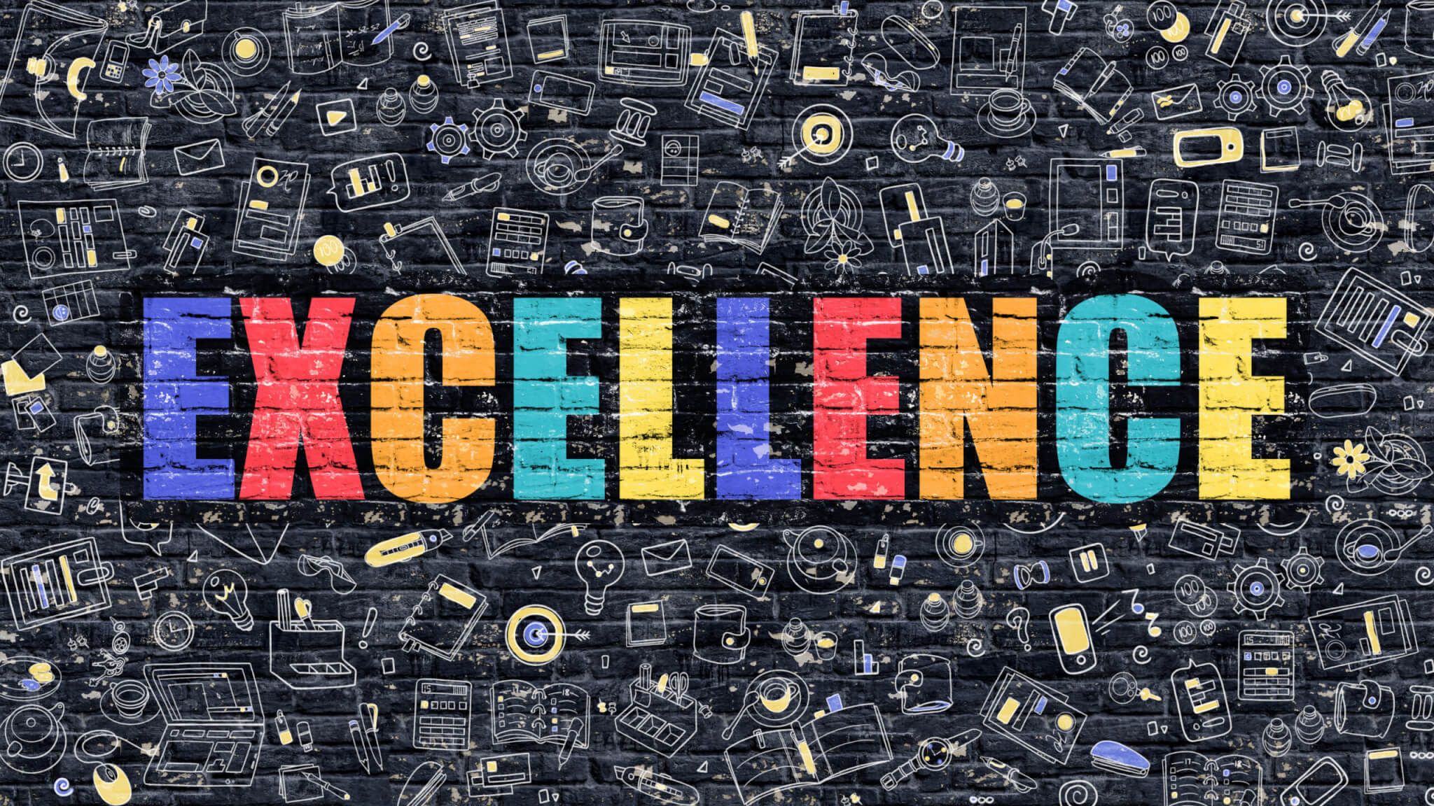 EXCELLENCE" appears in colorful, bold letters at the center of a blackboard background filled with hand-drawn office and technology icons, visually emphasizing Service Excellence in home services and service training.