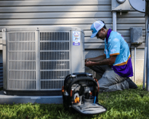 A technician kneels beside a large outdoor air conditioning unit and uses tools to perform professional home services. An open tool bag rests on the grass nearby.
