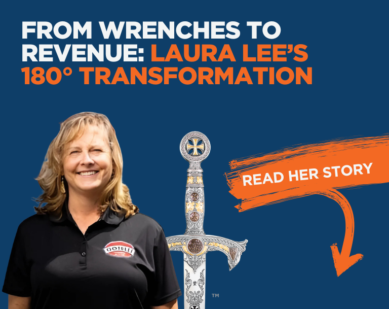 A smiling woman in a black polo shirt stands beside a decorative sword. Text highlights Laura Lee’s transformation as a home service business owner, with an arrow urging you to “Read her story.”.